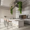Modern Restaurant Interior Design With Open Layout Marble Island And Hanging Plants