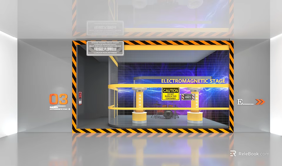 Electromagnetic Stage With Caution Signs Yellow Black Warning Stripes And Transparent Shield 3d model