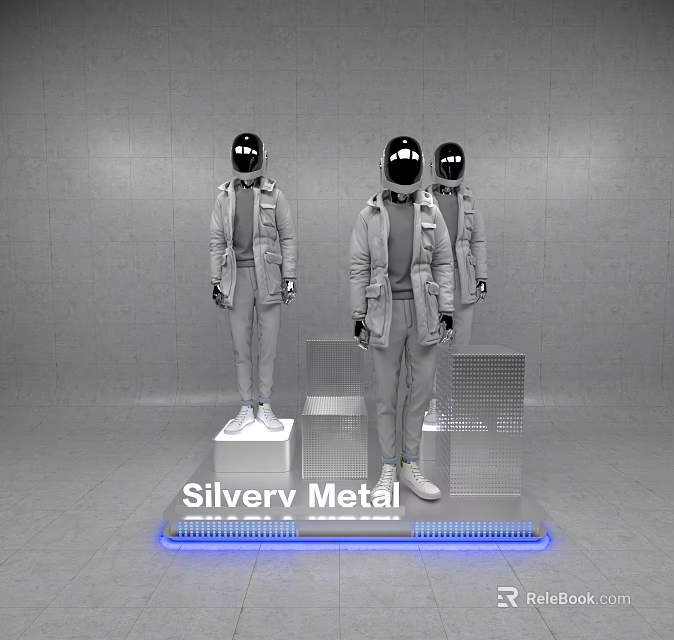 Silver Metal Mannequins With Helmets Wearing Jackets Standing On Platforms With Blue Lights 3d model 