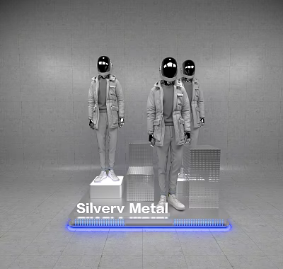 Silver Metal Mannequins With Helmets Wearing Jackets Standing On Platforms With Blue Lights 3d model