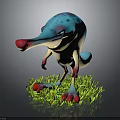 Cute Blue and White Spotted Cartoon Creature with Long Pink Snout Standing on Green Grass