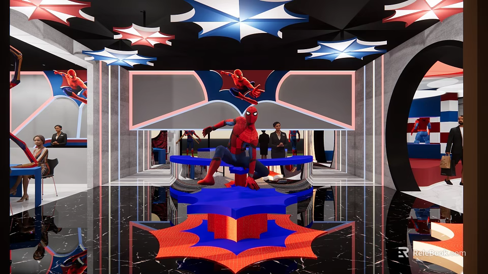 Vibrant SpiderMan Themed Restaurant Interior With Star Shaped Ceiling Lights And Spider Sculpture 3d model 