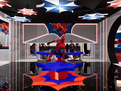 Vibrant SpiderMan Themed Restaurant Interior With Star Shaped Ceiling Lights And Spider Sculpture 3d model