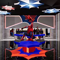 Vibrant SpiderMan Themed Restaurant Interior With Star Shaped Ceiling Lights And Spider Sculpture