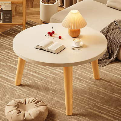 Round Coffee Table with Open Book Red Cherries Coffee Cup and Wooden Legs on Carpet 3d model