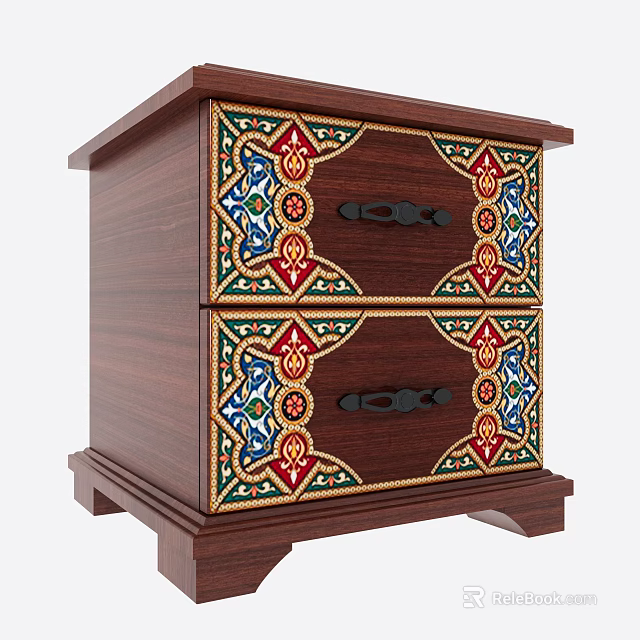 Exotic Painted Wooden Nightstand With Ornate Traditional Patterns And Two Storage Drawers For Bedroom Decor 3d model 
