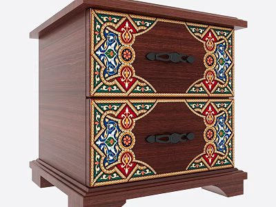 Exotic Painted Wooden Nightstand With Ornate Traditional Patterns And Two Storage Drawers For Bedroom Decor 3d model