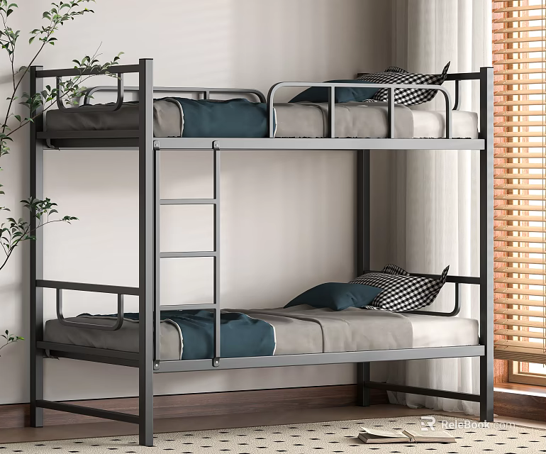Sturdy Metal Frame Bunk Bed With Gray Blue Bedding And Checkered Pillows 3d model