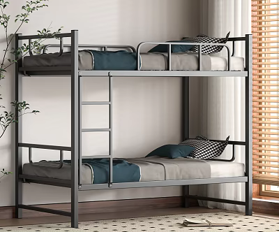 Sturdy Metal Frame Bunk Bed With Gray Blue Bedding And Checkered Pillows 3d model