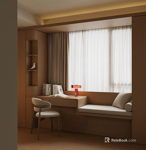 Cozy Modern Bay Window Nook With Wooden Desk Red Lamp And White Curtains 3d model 