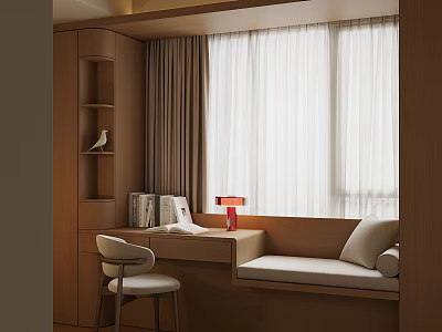 Cozy Modern Bay Window Nook With Wooden Desk Red Lamp And White Curtains 3d model