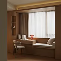 Cozy Modern Bay Window Nook With Wooden Desk Red Lamp And White Curtains