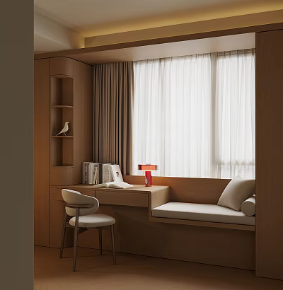 Cozy Modern Bay Window Nook With Wooden Desk Red Lamp And White Curtains 3d model
