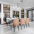 Elegant Modern Restaurant Interior With Dining Table Chairs And Wine Cabinets