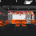 Pork Chop Restaurant Interior With Orange Tables Chairs Gray Walls Menu Posters And Open Counter