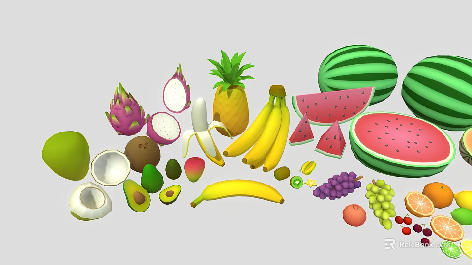Assorted Fresh Fruits Collection With Watermelon Pineapple Banana Dragon Fruit And Grapes 3d model 