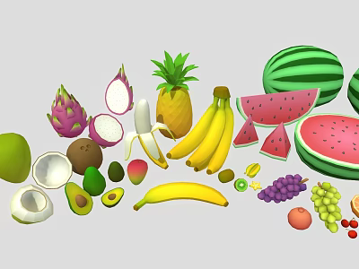 Assorted Fresh Fruits Collection With Watermelon Pineapple Banana Dragon Fruit And Grapes 3d model