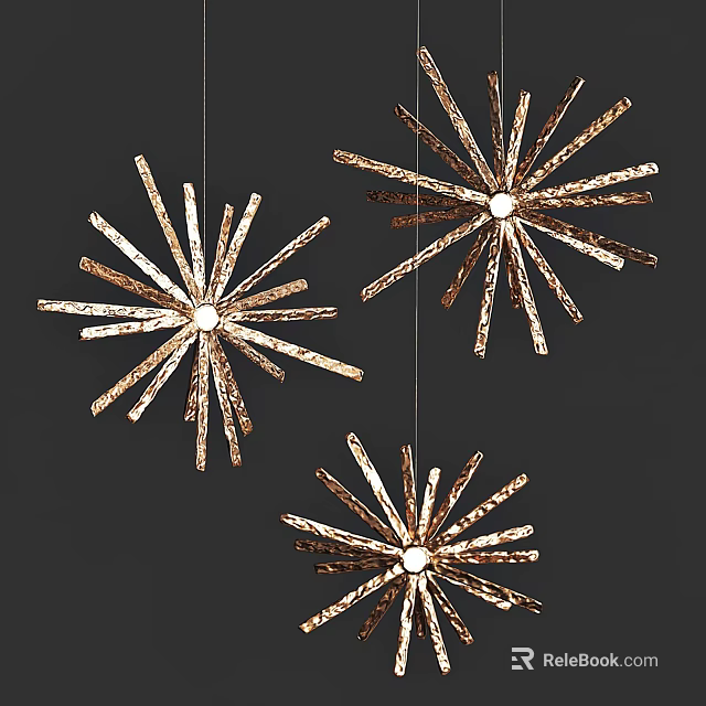 Three Gold Starburst Chandeliers With Metal Spokes For Modern Interior Design 3d model 
