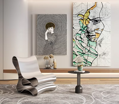 Abstract Paintings In Modern Interior With Stylish Furniture And Vibrant Artistic Design 3d model