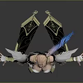 Female Character With White Outfit Golden Details Pink Blue Hair And Black Cape