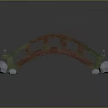 Traditional Red Wooden Bridge Structure With Stone Supports And Curved Design