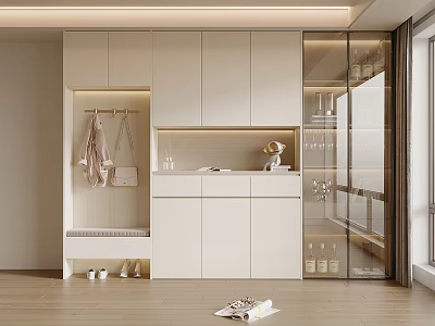 Modern Minimalist White Shoe Cabinet With Coat Hanger Seating And Glass Door Storage 3d model