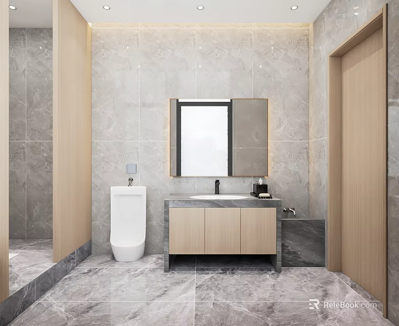 Modern Hotel Bathroom Interior With Marble Tiles Vanity Sink And Mirror 3d model 