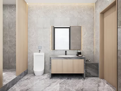 Modern Hotel Bathroom Interior With Marble Tiles Vanity Sink And Mirror 3d model