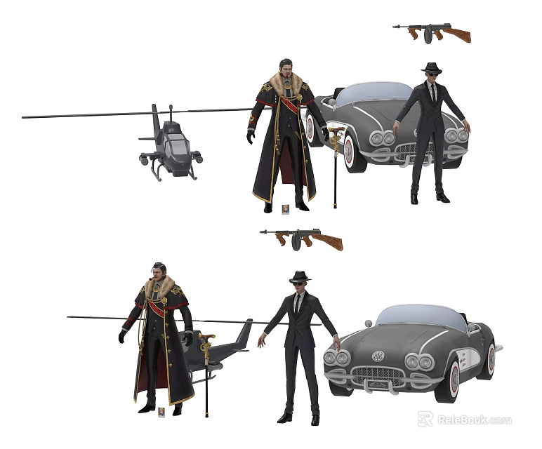 Stylish Game Movie Characters In Long Coat Suit With Vintage Car Helicopter And Rifle 3d model 
