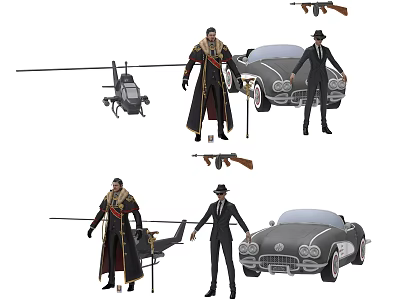 Stylish Game Movie Characters In Long Coat Suit With Vintage Car Helicopter And Rifle 3d model