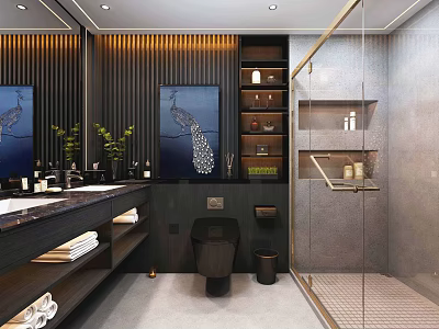 Modern Bathroom Toilet with Dark Wooden Panels Mirror Shelves and Shower Area 3d model