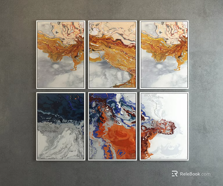 Set Of Six Abstract Paintings With Colorful Fluid Texture For Modern Wall Art 3d model 