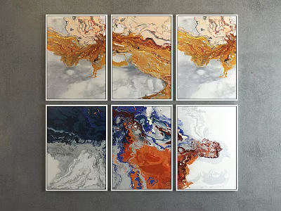 Set Of Six Abstract Paintings With Colorful Fluid Texture For Modern Wall Art 3d model