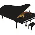 Elegant Black Grand Piano With Open Lid And Wooden Stool For Music