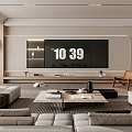 Modern Living Room With Large Screen TV Sofas Coffee Table Plant Floor Lamp And Bookshelf