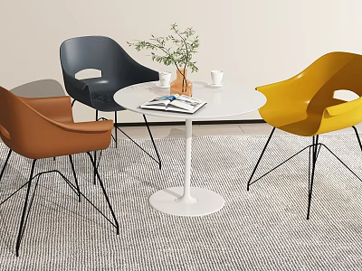 Modern White Round Table with Three Colorful Chairs Green Plant Cups and Magazine on Rug 3d model
