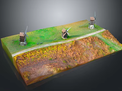 Miniature Landscape Model With Windmills Green Grassy Area Winding Path And Colorful Terrain 3d model