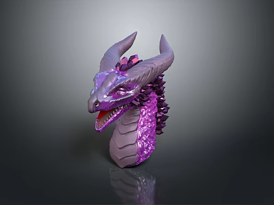 Purple Dragon Head Sculpture With Shiny Horns Detailed Scales And 3D Rendered Design 3d model