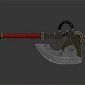 Metallic Battle Axe With Red Wrapped Handle Serrated Edge And Mechanical Design 3d model