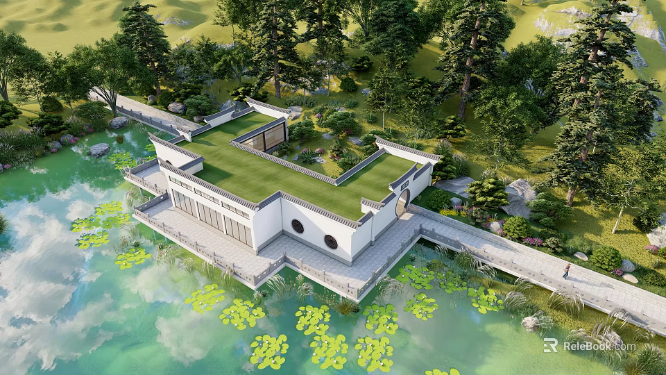 Scenic Tourist Center With Traditional Chinese Style Green Roof And Lakeside Water Lilies Surrounding Trees 3d model 