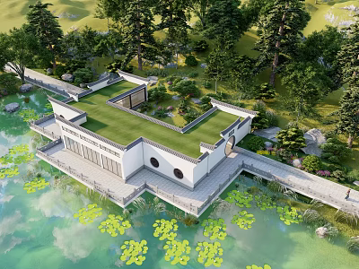 Scenic Tourist Center With Traditional Chinese Style Green Roof And Lakeside Water Lilies Surrounding Trees 3d model