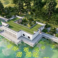 Scenic Tourist Center With Traditional Chinese Style Green Roof And Lakeside Water Lilies Surrounding Trees