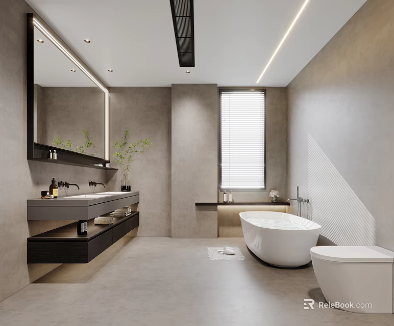 Modern Bathroom Interior With Freestanding Bathtub Wall Mounted Vanity And Mirror 3d model 