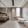 Modern Bathroom Interior With Freestanding Bathtub Wall Mounted Vanity And Mirror
