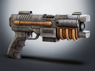 Vintage Sci Fi Weapon Featuring Metallic Body Wooden Stripes Ammo Magazine and Mechanical Design 3d model