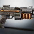 Vintage Sci Fi Weapon Featuring Metallic Body Wooden Stripes Ammo Magazine and Mechanical Design