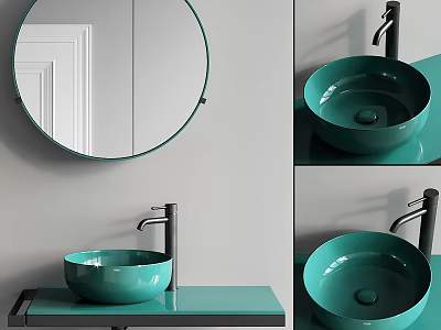 Elegant Teal Bathroom Sink With Circular Mirror Countertop And Modern Faucet 3d model