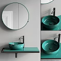 Elegant Teal Bathroom Sink With Circular Mirror Countertop And Modern Faucet