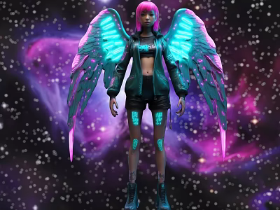 Futuristic Game Movie Character with Pink Hair Blue Glowing Wings and Starry Purple Nebula Backdrop 3d model