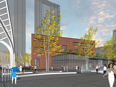 Modern Red Brick Building With Glass Facade In Urban Plaza With Trees And People 3d model